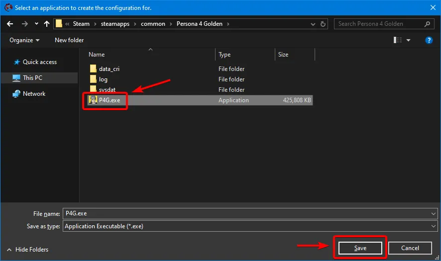 Persona 4 Golden EXE file selected.