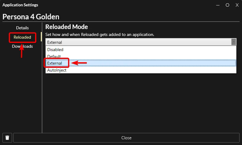 Reloaded tab, with Reloaded Mode set to External.