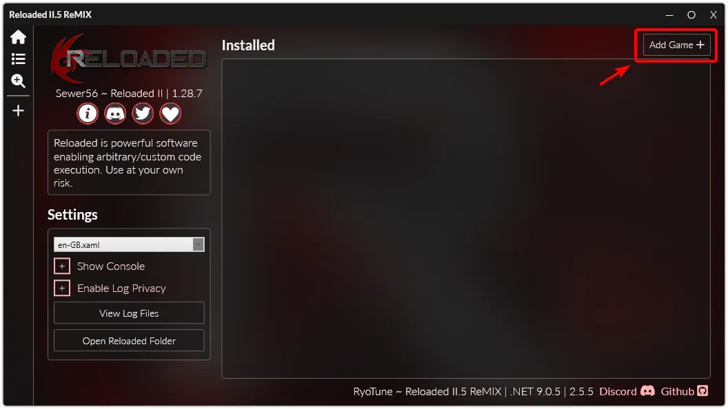 Reloaded Home Page with an arrow pointing to the the Add Game button in the top-right.