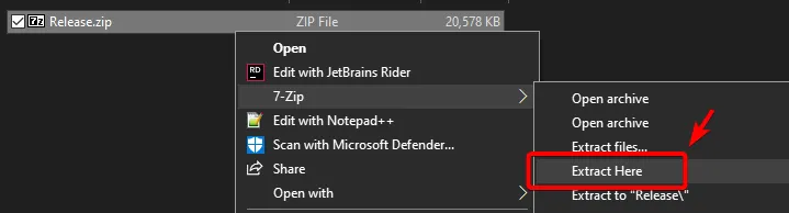 Right-click Release.zip, click 7-Zip, click Extract Here.