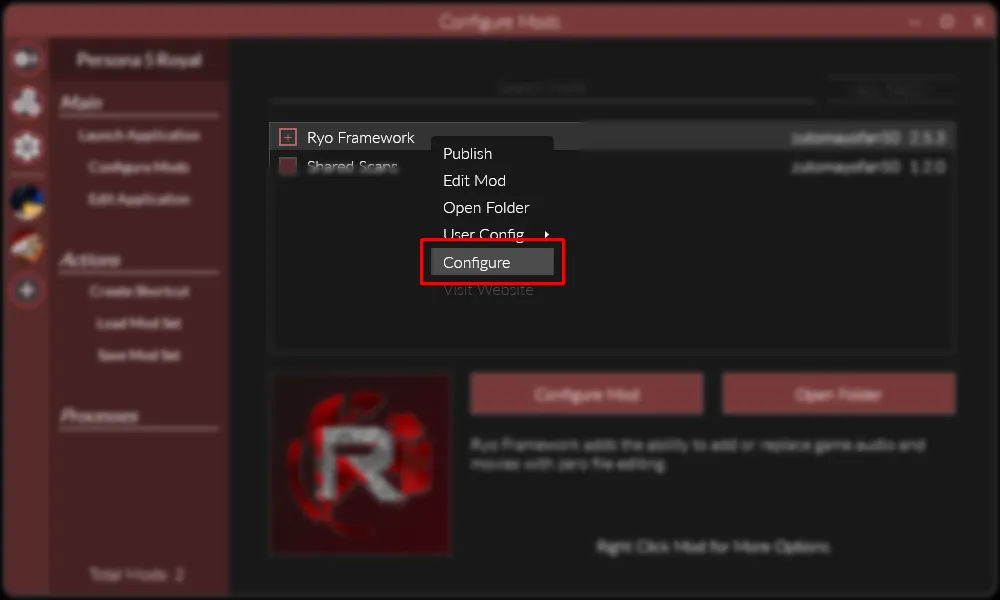 Right-click Ryo Framework in the Mods List, and select Configure.